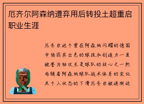 厄齐尔阿森纳遭弃用后转投土超重启职业生涯