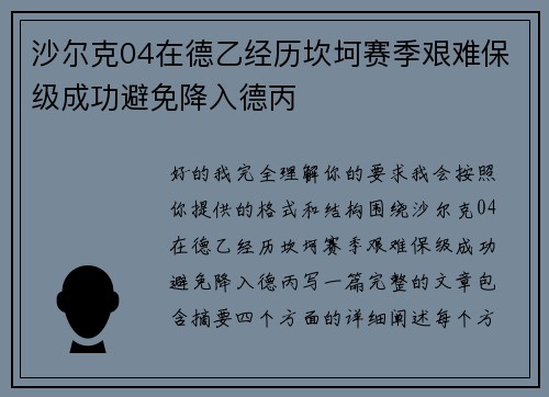 沙尔克04在德乙经历坎坷赛季艰难保级成功避免降入德丙